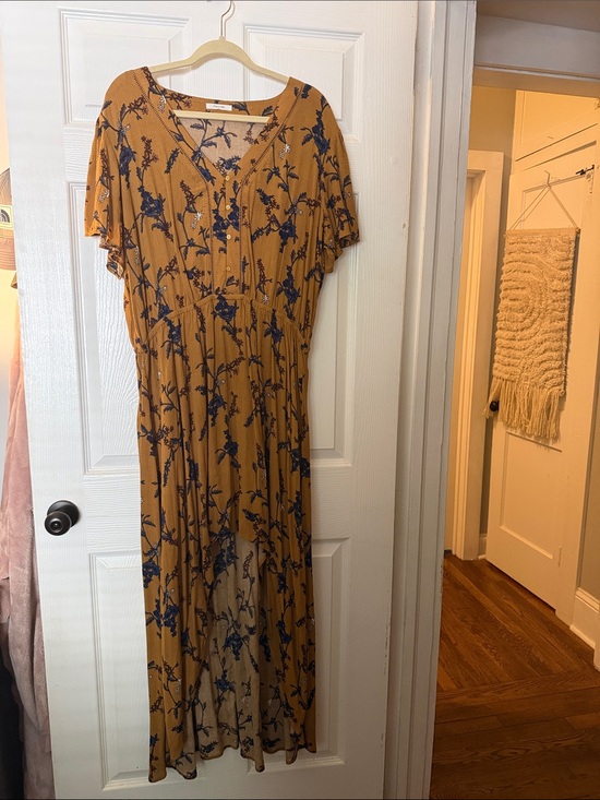 Maurices Dresses & Skirts - Maurices Mustard Maxi Dress with Navy Floral Print
